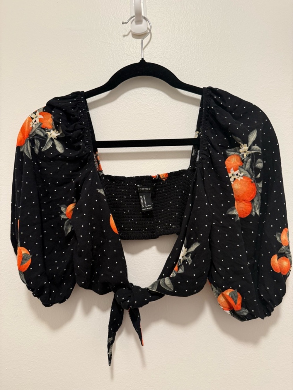 Black Puffy Sleeve Tie Front Crop Top Forever 21 Size Small Orange Blossom - Picture 5 of 5